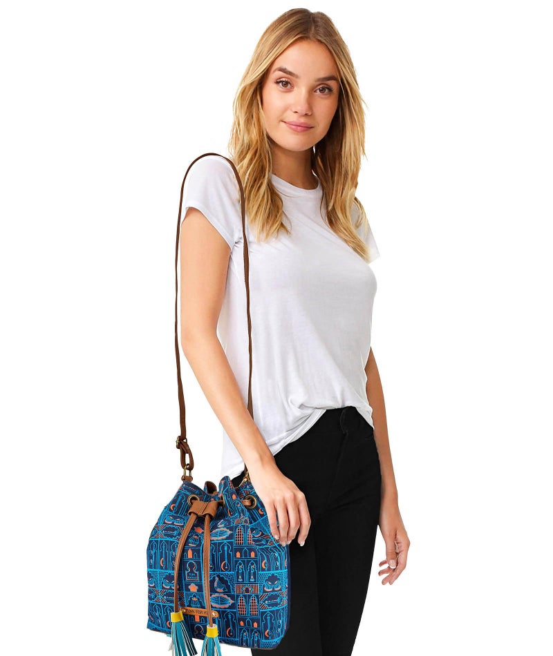 Funk For Hire Women’s Drawstring Sling Bag | Cotton Canvas with Leatherette Strap | Screen Printed Design | Waterproof Nylon Lining | Lightweight Crossbody Bag | Petrol Blue - Image 4
