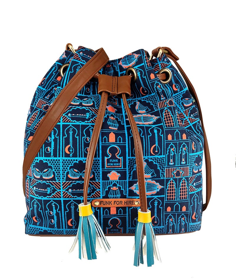 Funk For Hire Women’s Drawstring Sling Bag | Cotton Canvas with Leatherette Strap | Screen Printed Design | Waterproof Nylon Lining | Lightweight Crossbody Bag | Petrol Blue - Image 1