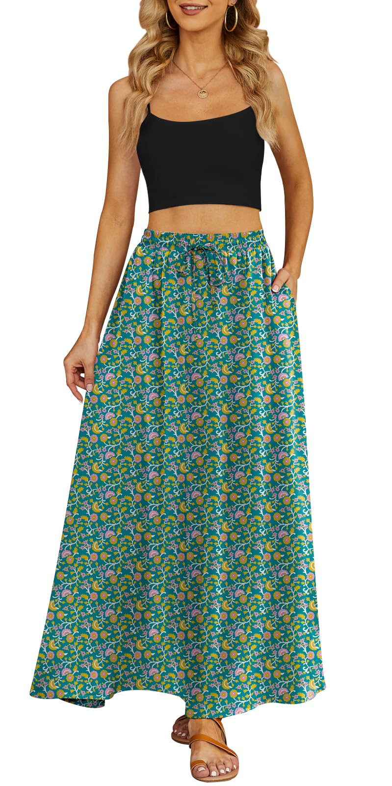 Yincro Women's Flowy Maxi Skirt Summer Pleated High Waisted Casual Long Skirts with Pockets (Yellow Floral Turquoise, L) - Image 2