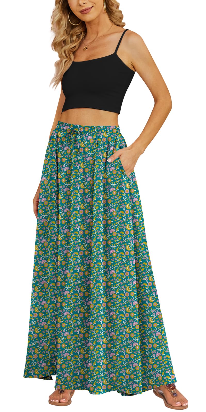Yincro Women's Flowy Maxi Skirt Summer Pleated High Waisted Casual Long Skirts with Pockets (Yellow Floral Turquoise, L) - Image 1