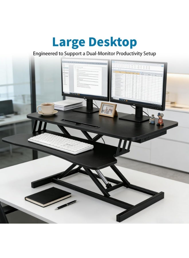 Watermelon 32inch Standing Desk Converter Height Adjustable Sit to Stand Up Desk Riser with Keyboard Tray for Home or Office, Dual Monitor and Computer Workstation Wide 2-Tier Desktop, Black - Image 2