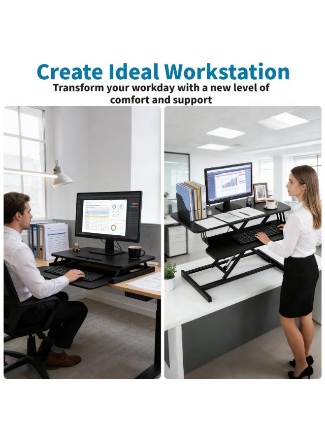Watermelon 32inch Standing Desk Converter Height Adjustable Sit to Stand Up Desk Riser with Keyboard Tray for Home or Office, Dual Monitor and Computer Workstation Wide 2-Tier Desktop, Black - Image 3