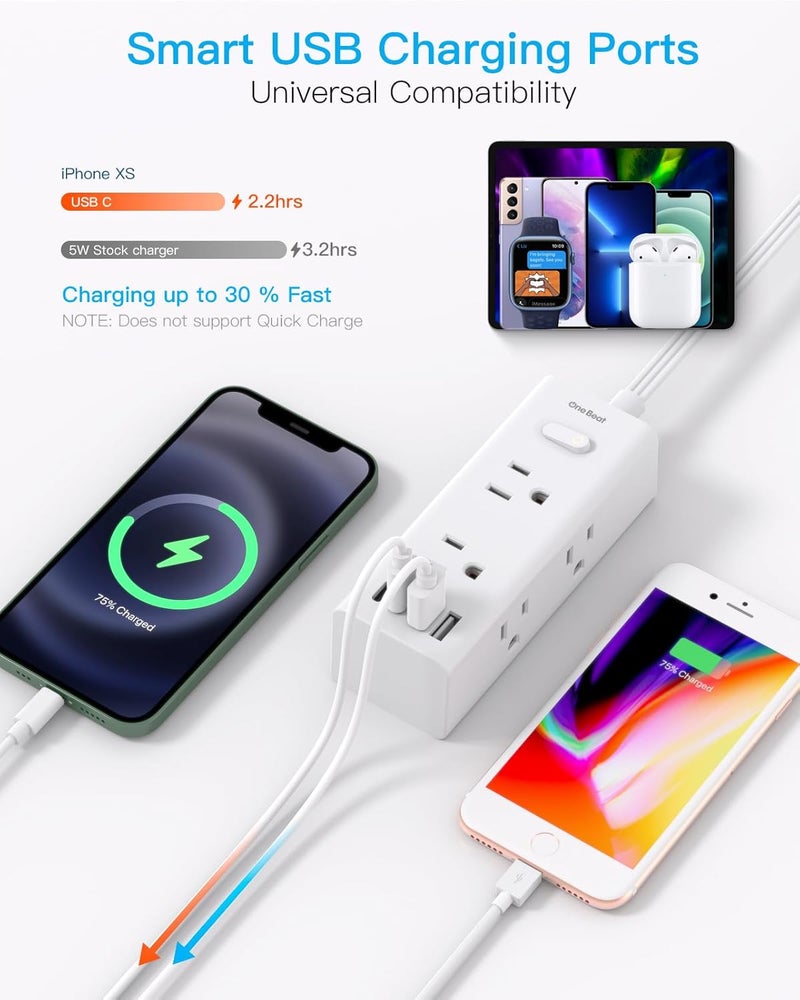 One Beat 5Ft Extension Cord with Multiple Outlets, Flat Plug Power Strip Surge Protector with 5 Ft Long Cord, 6 Outlet 3 USB Ports (1 USB C), Multi Outlet Wall Plug for Travel, College, Dorm Room Essentials - Image 5