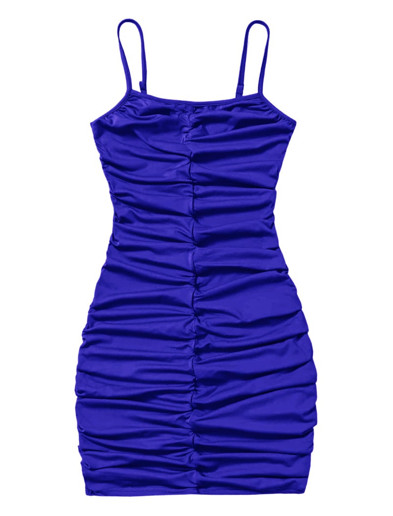 EXARUS Girls Formal Long Sleeve/Spaghetti Strap Dress Teen Party Dance Tween Bodycon Ruched Prom Fitted Cute Dresses, Plain Blue, 12 Years - Image 1