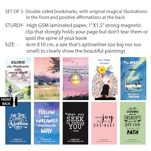 Antara Positive Affirmation Magnetic Bookmarks with Quotes | Set of 5 | Digitised Handpaintings | Laminated Matte Finish | Best Gift for bibliophiles | 2.25" X 3.8" | Magnetic Clip Attachment - Image 2