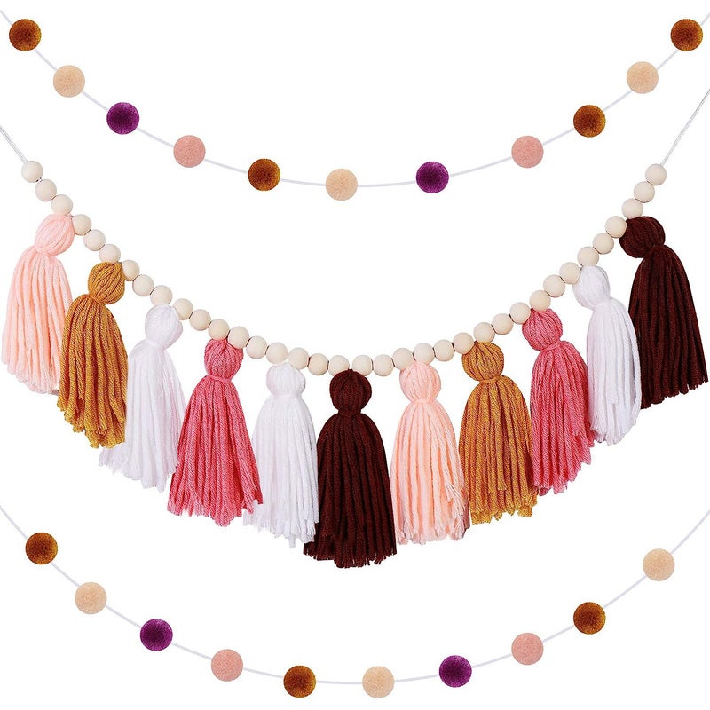 Ins Nordic Style Wooden Beads Hair Ball Tassel String Home Wall Decoration Wall Hanging Children'S Room Decoration Christmas Decoration - Image 3