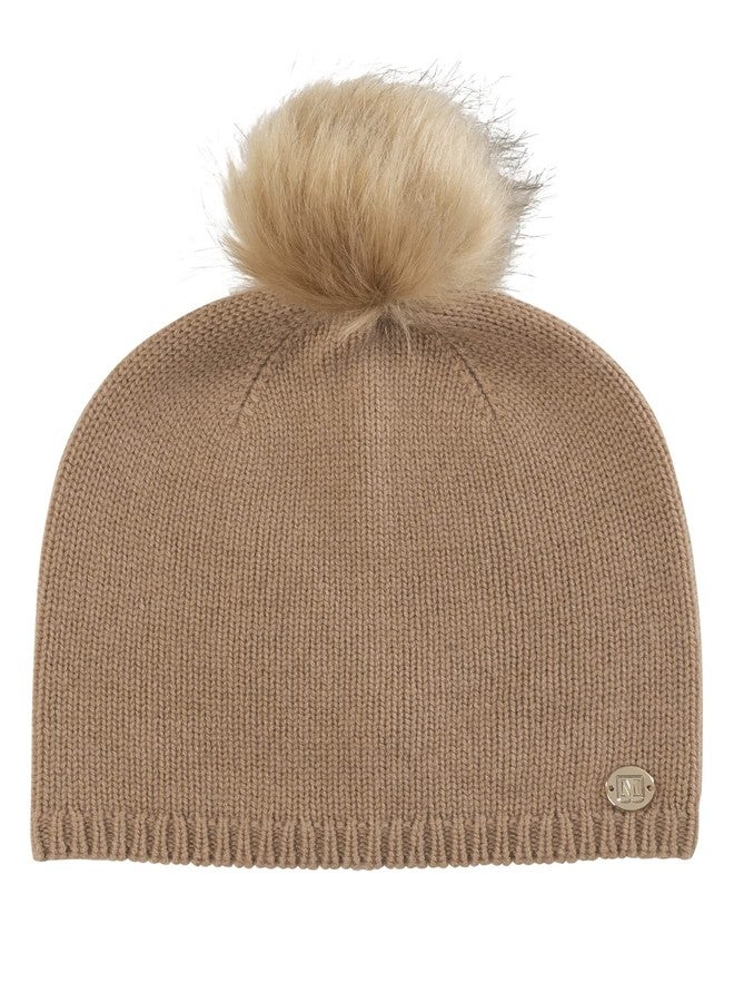 Bruno Magli Women's Cashmere Blend Jersey Hat with Shearling Pom Pom (Camel)