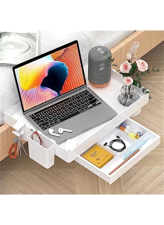 Arabest - Folding Bedside Shelf, Bunk Bed Shelf Organizer for Top Bunk Clip On Nightstand Plastic Bedside Shelf Tray for Kids with Cup Holder Hooks Hanging Cup, Plus Size with Drawer, White - Image 1