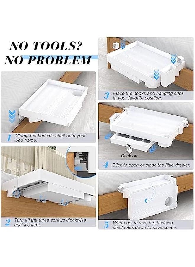 Arabest - Folding Bedside Shelf, Bunk Bed Shelf Organizer for Top Bunk Clip On Nightstand Plastic Bedside Shelf Tray for Kids with Cup Holder Hooks Hanging Cup, Plus Size with Drawer, White - Image 1
