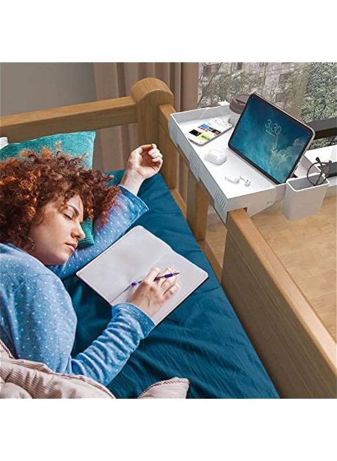 Arabest - Folding Bedside Shelf, Bunk Bed Shelf Organizer for Top Bunk Clip On Nightstand Plastic Bedside Shelf Tray for Kids with Cup Holder Hooks Hanging Cup, Plus Size with Drawer, White - Image 1