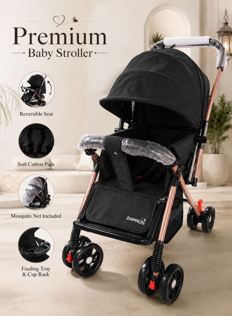Zaprus Baby Stroller – Lightweight & Foldable Travel System, Portable Infant Pushchair with Multi-Position Adjustable Seat, 5-Point Safety Harness, Storage Basket, Compact Pram for Babies, Toddlers & Kids, Boys & Girls - BLACK - Image 2
