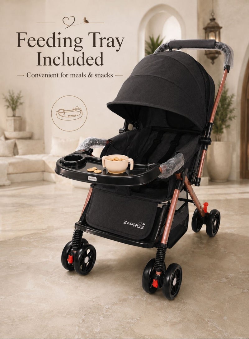 Zaprus Baby Stroller – Lightweight & Foldable Travel System, Portable Infant Pushchair with Multi-Position Adjustable Seat, 5-Point Safety Harness, Storage Basket, Compact Pram for Babies, Toddlers & Kids, Boys & Girls - BLACK - Image 5