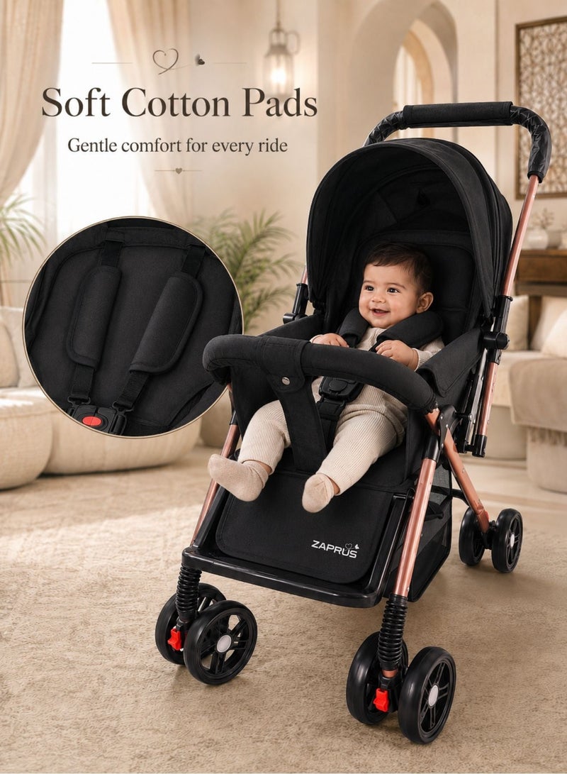 Zaprus Baby Stroller – Lightweight & Foldable Travel System, Portable Infant Pushchair with Multi-Position Adjustable Seat, 5-Point Safety Harness, Storage Basket, Compact Pram for Babies, Toddlers & Kids, Boys & Girls - BLACK - Image 4