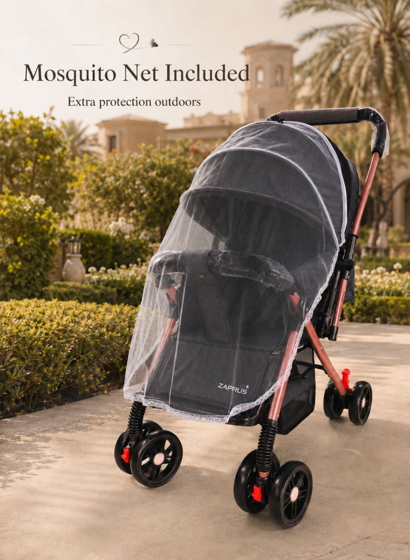 Zaprus Baby Stroller – Lightweight & Foldable Travel System, Portable Infant Pushchair with Multi-Position Adjustable Seat, 5-Point Safety Harness, Storage Basket, Compact Pram for Babies, Toddlers & Kids, Boys & Girls - BLACK - Image 3