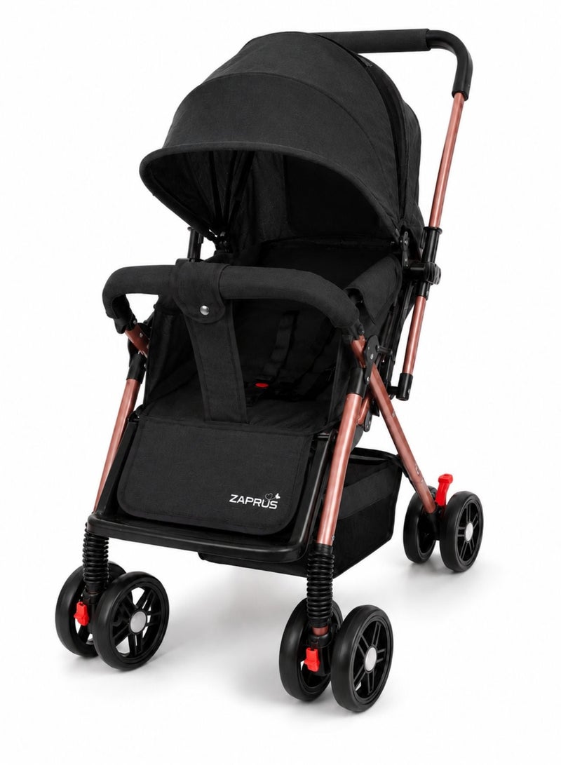 Zaprus Baby Stroller – Lightweight & Foldable Travel System, Portable Infant Pushchair with Multi-Position Adjustable Seat, 5-Point Safety Harness, Storage Basket, Compact Pram for Babies, Toddlers & Kids, Boys & Girls - BLACK - Image 1