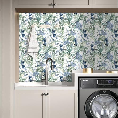 lenify Floral Wallpaper Peel and Stick Blue Flower Contact Paper 16.9inch x196.8inch Vintage Wall Paper Floral Bird Wallpaper for Cabinets Shelf Liner Removable Decor White and Blue Vinyl - Image 4