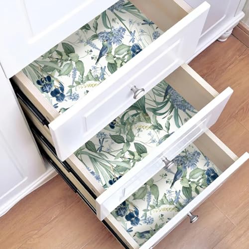 lenify Floral Wallpaper Peel and Stick Blue Flower Contact Paper 16.9inch x196.8inch Vintage Wall Paper Floral Bird Wallpaper for Cabinets Shelf Liner Removable Decor White and Blue Vinyl - Image 2
