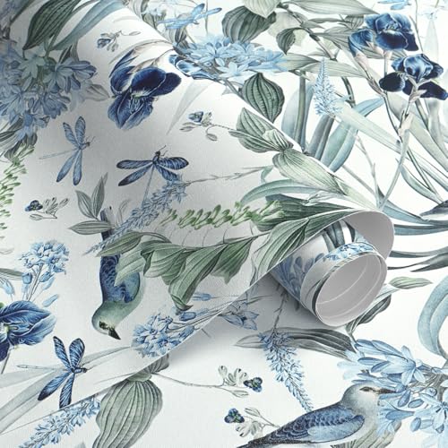 lenify Floral Wallpaper Peel and Stick Blue Flower Contact Paper 16.9inch x196.8inch Vintage Wall Paper Floral Bird Wallpaper for Cabinets Shelf Liner Removable Decor White and Blue Vinyl - Image 5
