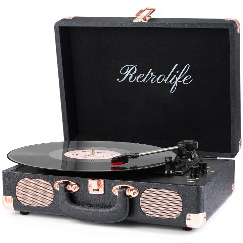 Retrolife مشغل أسطوانات محمول لاسلكي حقيبة مشغل أسطوانات فونوغراف مع مكبرات صوت مدمجة طراز ريترو مشغل أسطوانات للأسطوانات الفونوغرافية 3 سرعات مخرج RCA مدخل AUX في جهاز تشغيل قديم ترقية باللون الأسود - Image 1