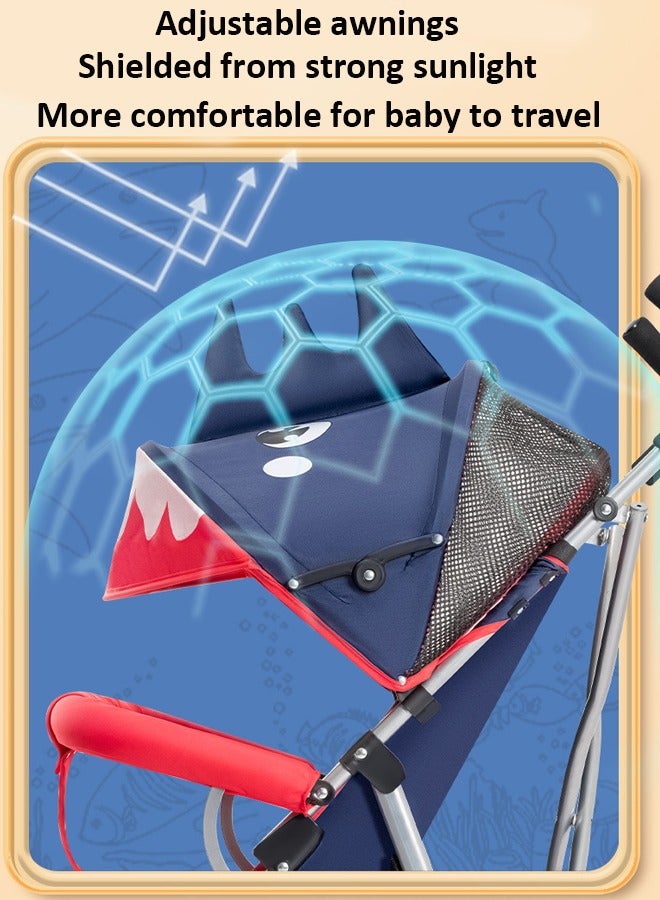 Aissiora Lightweight and comfortable baby stroller Travel portable baby stroller Foldable And Lightweight Toddler Travel Baby Stroller With Storage Basket Stroller With 5-Point Safety Belt And Adjustable Canopy Cute shark shape  - Image 3