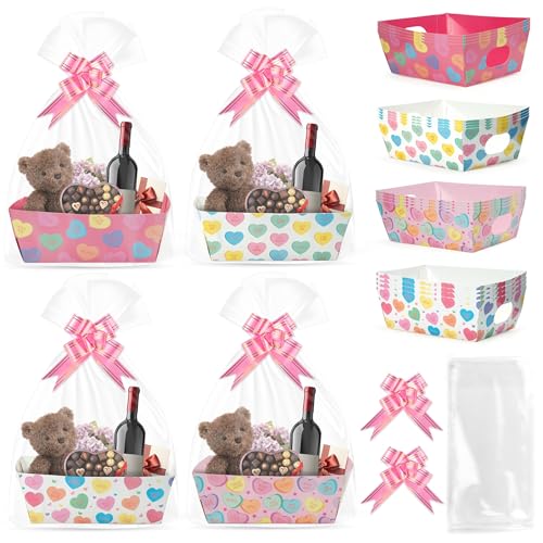 OSNIE Easter Sweet Candy Heart Empty Gifts Baskets with Cellophane Bags and Ribbons Bows, 24 Set Colorful Tray Cardboard Gift Baskets for Romantic Things to Fill Wedding Birthday Anniversary Decor - Image 1