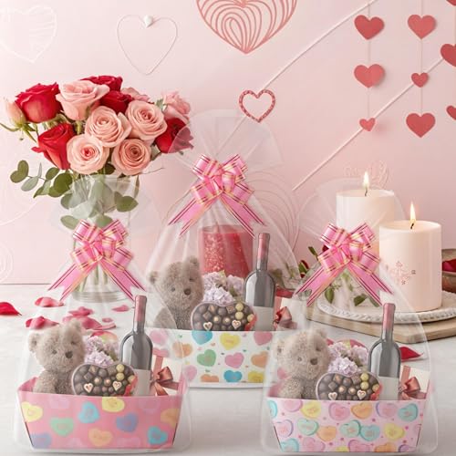 OSNIE Easter Sweet Candy Heart Empty Gifts Baskets with Cellophane Bags and Ribbons Bows, 24 Set Colorful Tray Cardboard Gift Baskets for Romantic Things to Fill Wedding Birthday Anniversary Decor - Image 3