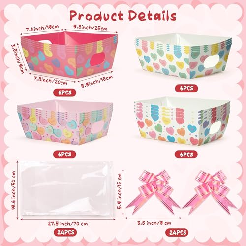 OSNIE Easter Sweet Candy Heart Empty Gifts Baskets with Cellophane Bags and Ribbons Bows, 24 Set Colorful Tray Cardboard Gift Baskets for Romantic Things to Fill Wedding Birthday Anniversary Decor - Image 2