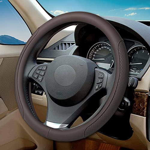 VARGTR Microfiber Leather Steering Wheel Cover with Classic Embossing AntiSlip Breathable Auto Car Wheel Protector 15 Inch Coffee