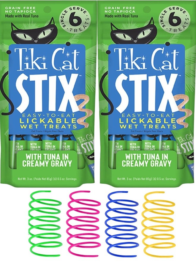 دردشة تيكي تيكي كات ستيكس، مكافآت قطط رطبة قابلة لللعق وخالية من الحبوب، بنكهة التونة في مرق كريمي، عبوة من 6 قطع (عبوتان) مع 4 ألعاب زنبركية للقطط - Image 1
