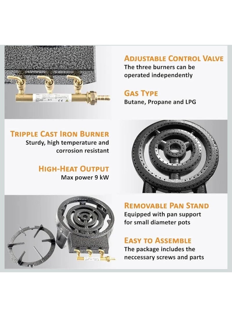 SARRA موقد غاز Sarra شعلة واحدة ثقيل مع 3 مخارج غاز، حديد زهر - Image 3