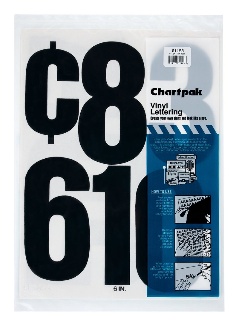 Chartpak SelfAdhesive Vinyl Numbers 6 Inches High Black 21 per Pack 01198