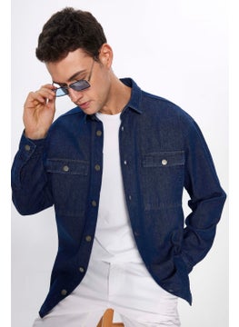 Tudors Men's Oversize Wide Cut Long Sleeve Denim Flap Double Pocket Navy Blue Shirt  - Image 1