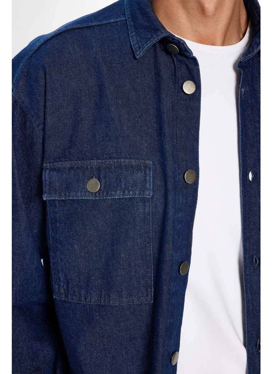 Tudors Men's Oversize Wide Cut Long Sleeve Denim Flap Double Pocket Navy Blue Shirt