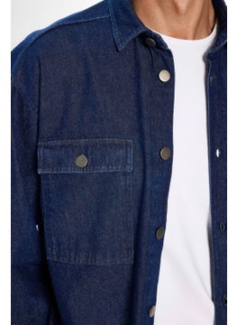 Tudors Men's Oversize Wide Cut Long Sleeve Denim Flap Double Pocket Navy Blue Shirt  - Image 2