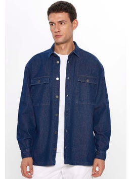 Tudors Men's Oversize Wide Cut Long Sleeve Denim Flap Double Pocket Navy Blue Shirt  - Image 3