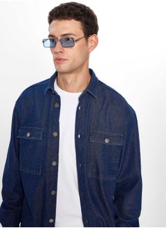 Tudors Men's Oversize Wide Cut Long Sleeve Denim Flap Double Pocket Navy Blue Shirt  - Image 4