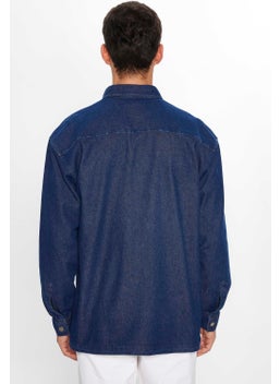 Tudors Men's Oversize Wide Cut Long Sleeve Denim Flap Double Pocket Navy Blue Shirt  - Image 5
