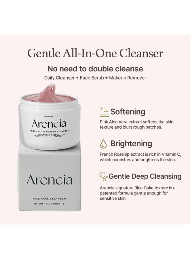 arencia Rosehip Brightening Rice Mochi Face Cleanser & Daily Scrub - Moisturizing, Exfoliating & Deep-Cleansing - All Skin Types with Rice Powder & Rice Water (120g) - Image 2