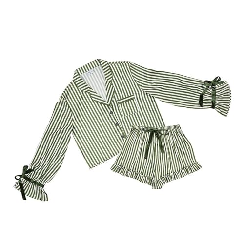 Bella Sleep + Spa Bella Sleep Spa Pajamas for Women 2Piece Ruffled Satin Shorts Longsleeved Top Pajama Set Large Green Stripe - Image 1
