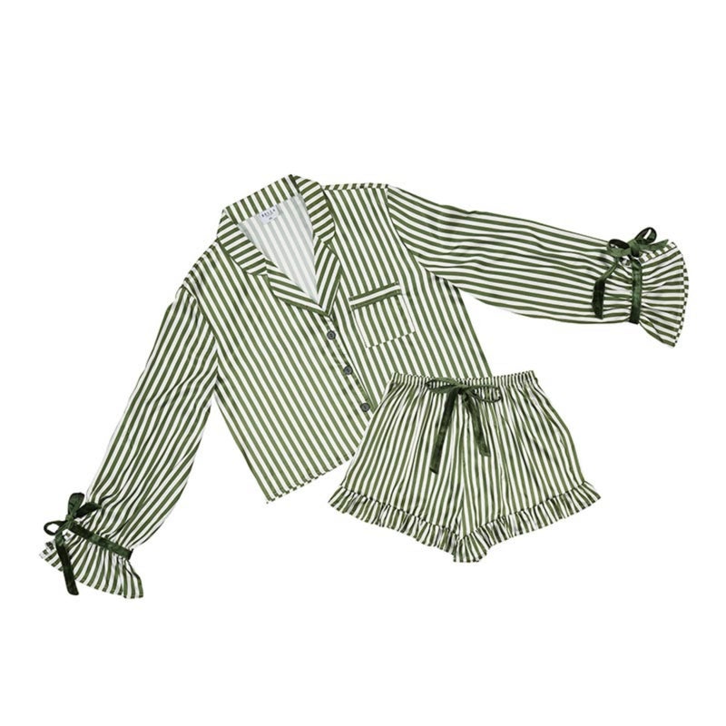 Bella Sleep + Spa Bella Sleep Spa Pajamas for Women 2Piece Ruffled Satin Shorts Longsleeved Top Pajama Set Large Green Stripe - Image 2