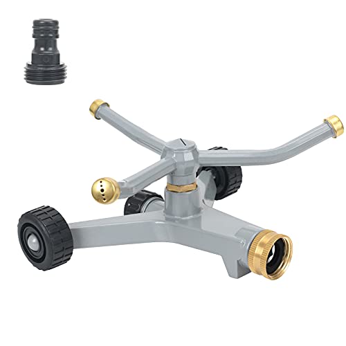STYDDI Metal Rotating Water Sprinkler for Lawn, Heavy Duty Metal 3-Arms Whirling 360 Degree Automatic Rotary Sprinkler with Wheeled Base for Small Areas, Garden, Yard, Cover up to 1,384 Sq. ft. - Image 1