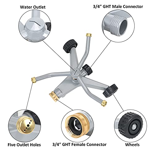 STYDDI Metal Rotating Water Sprinkler for Lawn, Heavy Duty Metal 3-Arms Whirling 360 Degree Automatic Rotary Sprinkler with Wheeled Base for Small Areas, Garden, Yard, Cover up to 1,384 Sq. ft. - Image 3