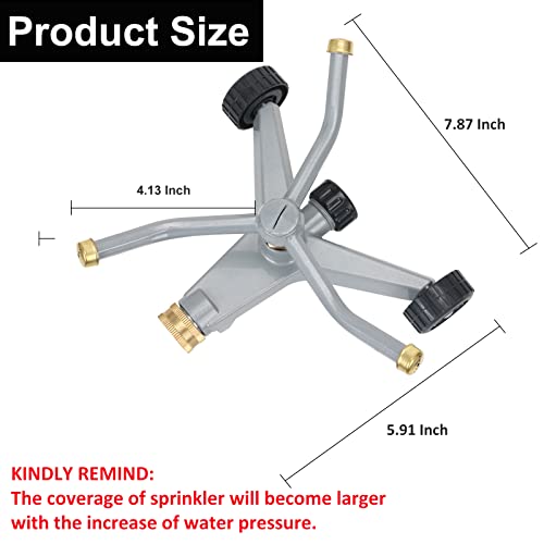 STYDDI Metal Rotating Water Sprinkler for Lawn, Heavy Duty Metal 3-Arms Whirling 360 Degree Automatic Rotary Sprinkler with Wheeled Base for Small Areas, Garden, Yard, Cover up to 1,384 Sq. ft. - Image 5