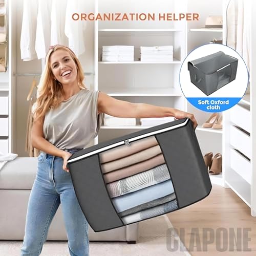 CLAPONE 3 Pieces Wardrobe Clothes Storage/Foldable Thick Fabric Blanket Storage Bags/Bedroom/Clothing/Comforter/Closet Organization with Handle/Storage Clothes Bins Closet Bags(Grey) - Image 4
