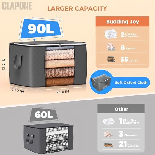 CLAPONE 3 Pieces Wardrobe Clothes Storage/Foldable Thick Fabric Blanket Storage Bags/Bedroom/Clothing/Comforter/Closet Organization with Handle/Storage Clothes Bins Closet Bags(Grey) - Image 5
