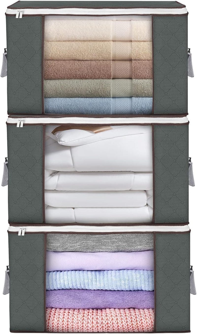 CLAPONE 3 Pieces Wardrobe Clothes Storage/Foldable Thick Fabric Blanket Storage Bags/Bedroom/Clothing/Comforter/Closet Organization with Handle/Storage Clothes Bins Closet Bags(Grey) - Image 1