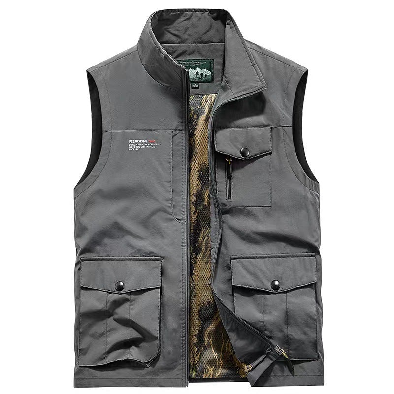 New Casual Vest For Men, Outdoor Stand Collar Fishing Pography Advertising Vest With Multiple Pockets And Fleece Lining - Image 4