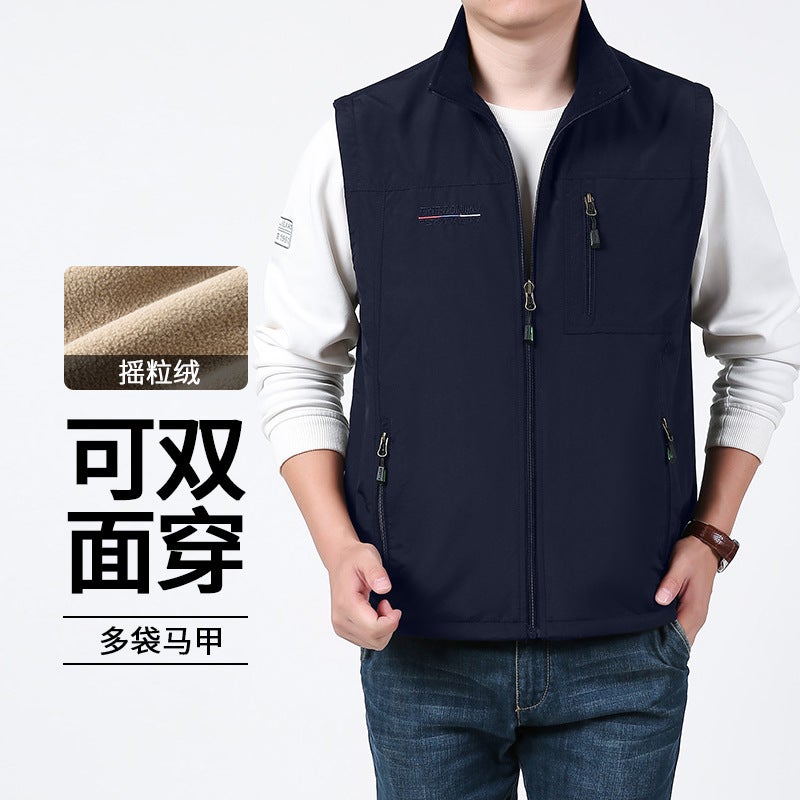 New Casual Vest For Men, Outdoor Stand Collar Fishing Pography Advertising Vest With Multiple Pockets And Fleece Lining - Image 1
