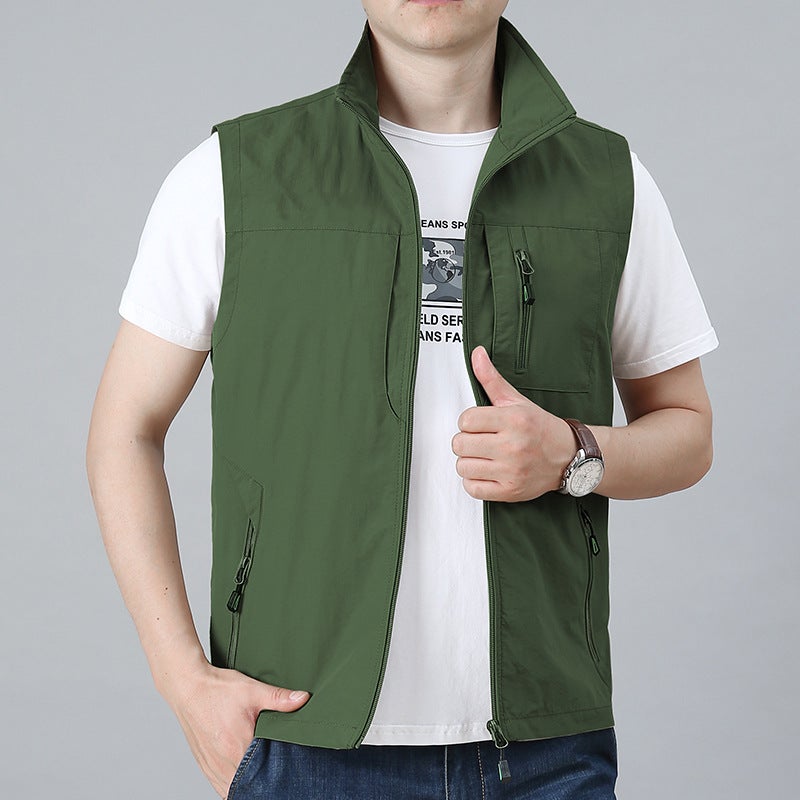 New Casual Vest For Men, Outdoor Stand Collar Fishing Pography Advertising Vest With Multiple Pockets And Fleece Lining - Image 2