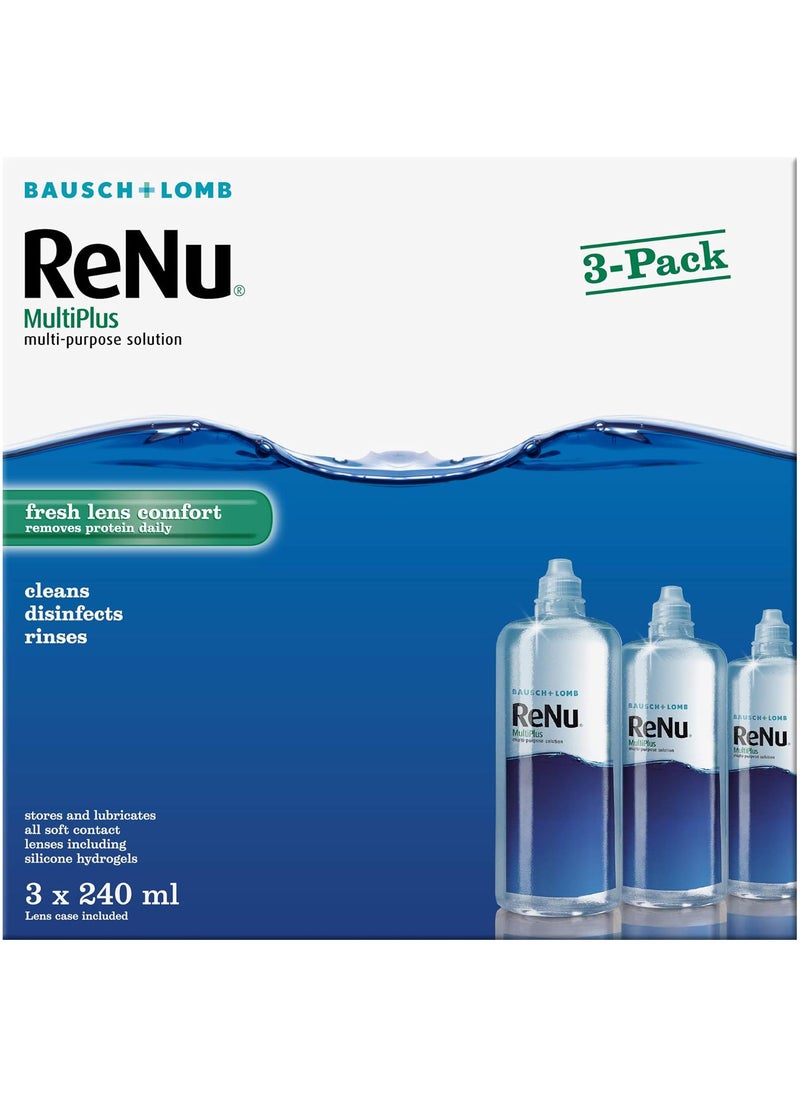 Renu ReNu MultiPlus Multi-Purpose Contact Lens Solution, 3 x 240ml | For Soft Contact Lenses | Moisturise, Remove Protein, Clean, Disinfect, Lubricate, Rinse and Store your Lenses | Lens Case Included 